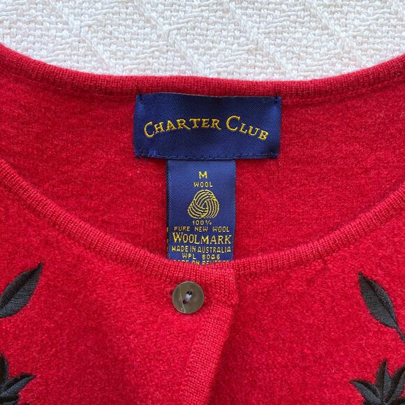 Charter Club 100% Wool Button Up Cardigan Red Sweater Black Vine Embroidery Med - Picture 4 of 6